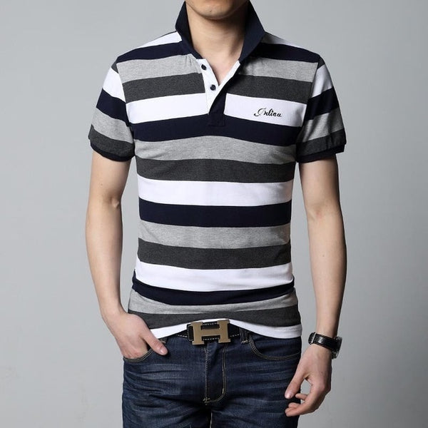 Men Stripe Lapel Casual T-shirt