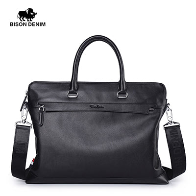 BISON DENIM Genuine Leather Men Laptop Briefcase