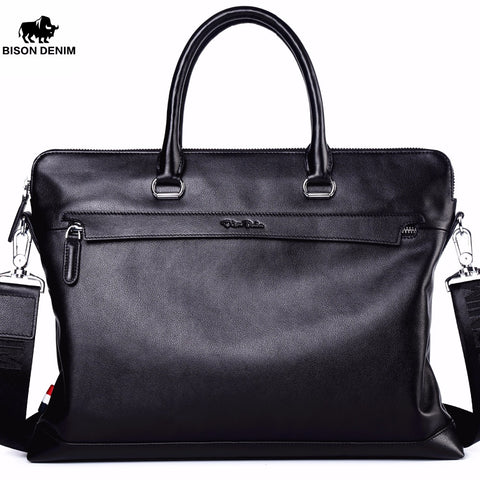 BISON DENIM Genuine Leather Men Laptop Briefcase